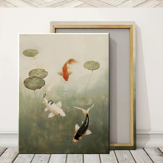 2D Flat 1pc 2D Wooden Frame Canvas Wall Painting, Flower Waves, Koi Fish Pond Wall Art, Japandi Zen Home Decoration, Suitable for Living Room, Kitchen, Bathroom Wall Decoration, Perfect Gift for Mom And Dad