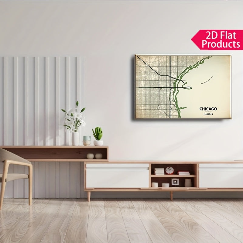 2D Flat, Vintage Chicago City Map Canvas Poster - Beige\u002FBlack\u002F Green Color Scheme - Wrapped Canvas Framed Wall Art