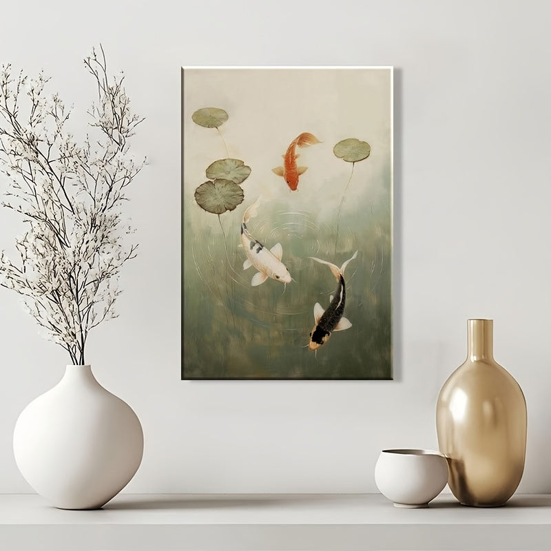 2D Flat 1pc 2D Wooden Frame Canvas Wall Painting, Flower Waves, Koi Fish Pond Wall Art, Japandi Zen Home Decoration, Suitable for Living Room, Kitchen, Bathroom Wall Decoration, Perfect Gift for Mom And Dad