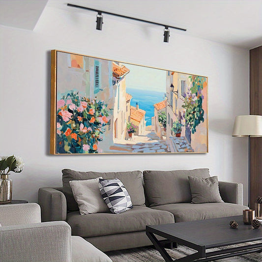 2D Flat, 1pc Large Framed Mediterranean Coastal Village Canvas Art - Modern Art Deco Wall Decor with Vibrant Colors