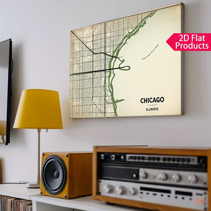 2D Flat, Vintage Chicago City Map Canvas Poster - Beige\u002FBlack\u002F Green Color Scheme - Wrapped Canvas Framed Wall Art