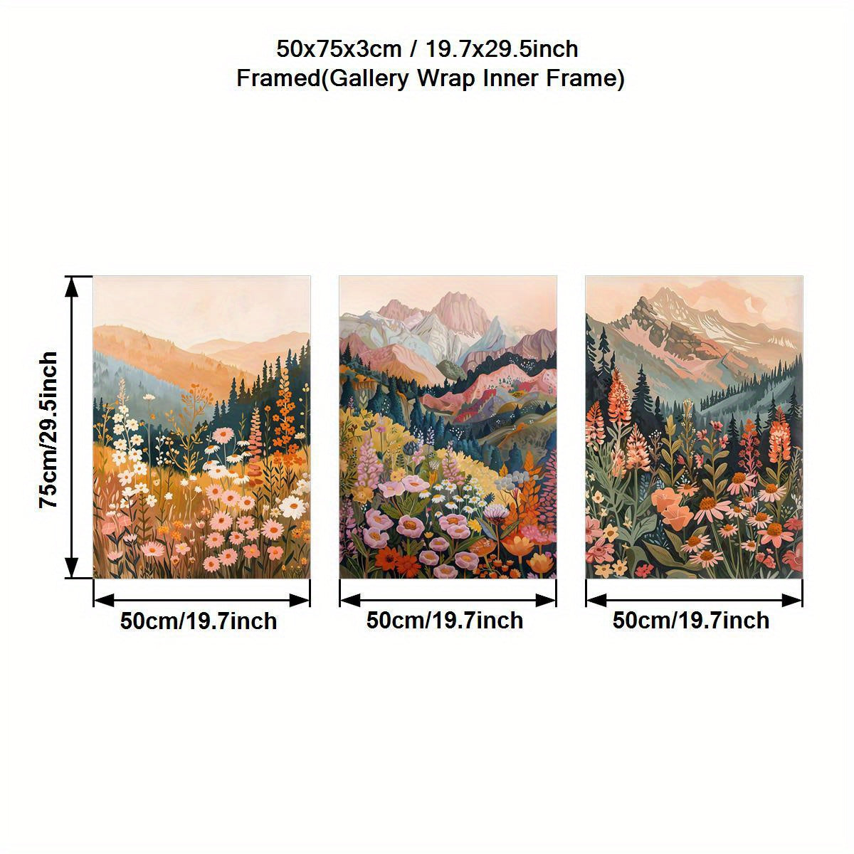 3pcs Wood Frame Canvas Print Decorative Painting, Watercolor Oil Painting Style of Colorful Flowers And Mountains, Wild Scenery, Mountain Landscape, Indoor Home Wall Decoration Art