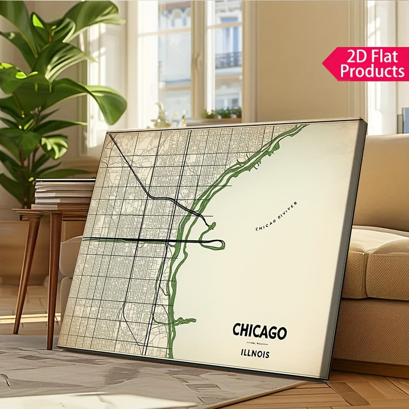 2D Flat, Vintage Chicago City Map Canvas Poster - Beige\u002FBlack\u002F Green Color Scheme - Wrapped Canvas Framed Wall Art
