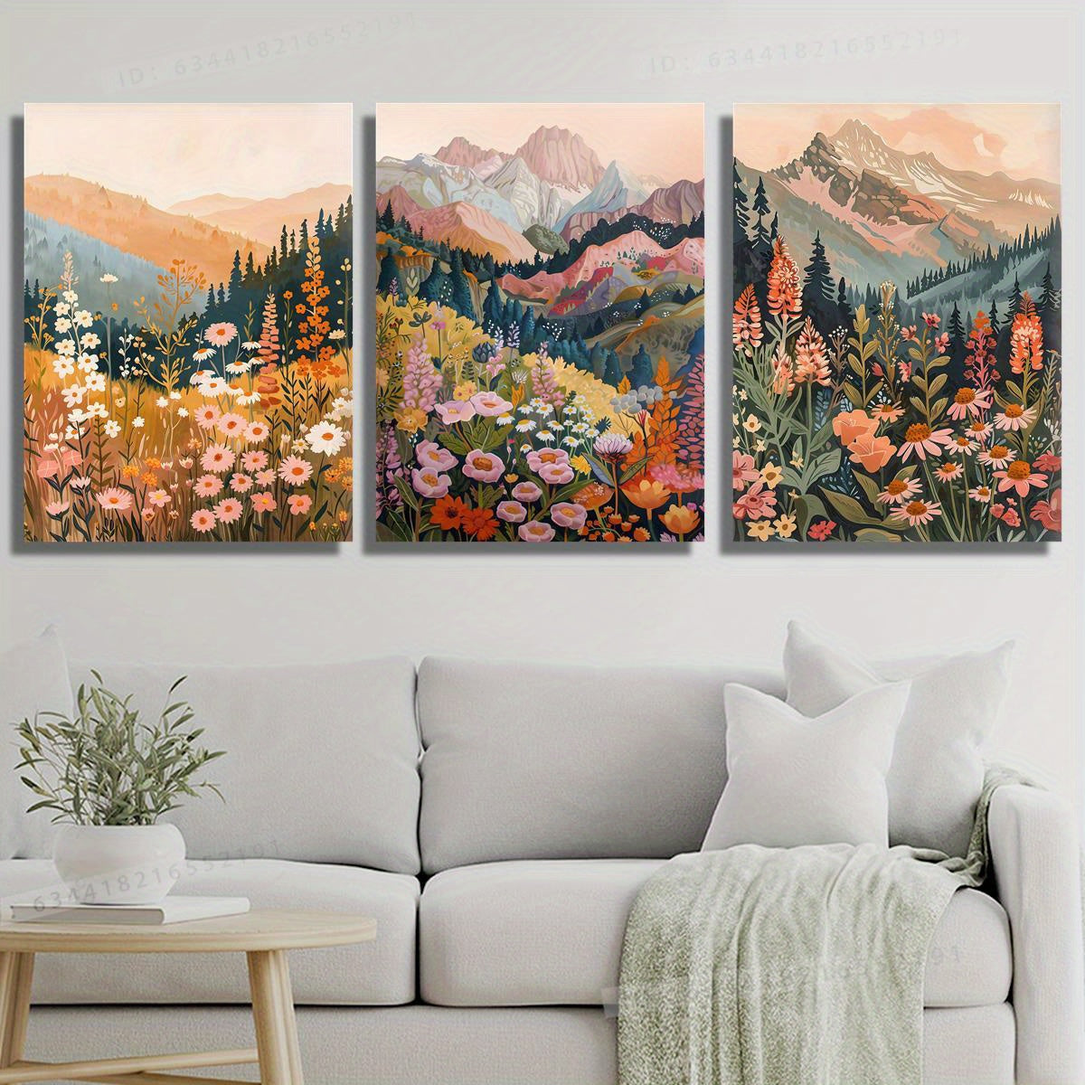 3pcs Wood Frame Canvas Print Decorative Painting, Watercolor Oil Painting Style of Colorful Flowers And Mountains, Wild Scenery, Mountain Landscape, Indoor Home Wall Decoration Art