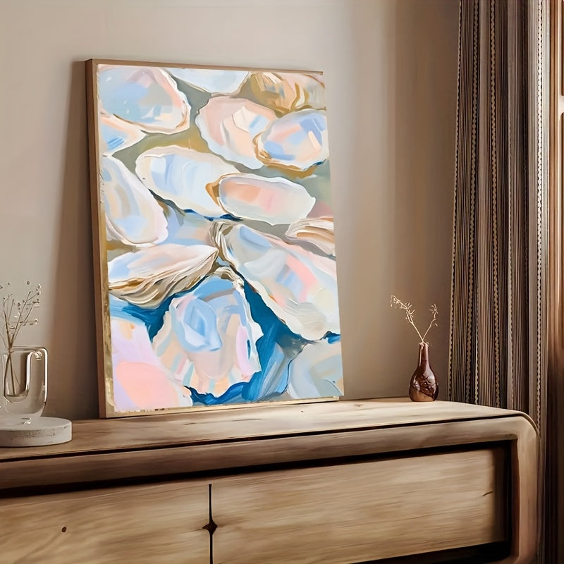 1pc Modern Oyster Shells Canvas Wall Art ¨C Mid-Century Abstract Decor with Blue, White, and Pink Textured Design for Living Room, Bedroom, Bathroom, or Office, Bedroom Artwork | Coastal Aesthetic | Vibrant Colors, Coastal Home Decor