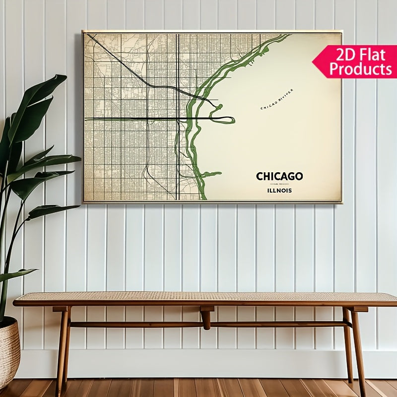 2D Flat, Vintage Chicago City Map Canvas Poster - Beige\u002FBlack\u002F Green Color Scheme - Wrapped Canvas Framed Wall Art