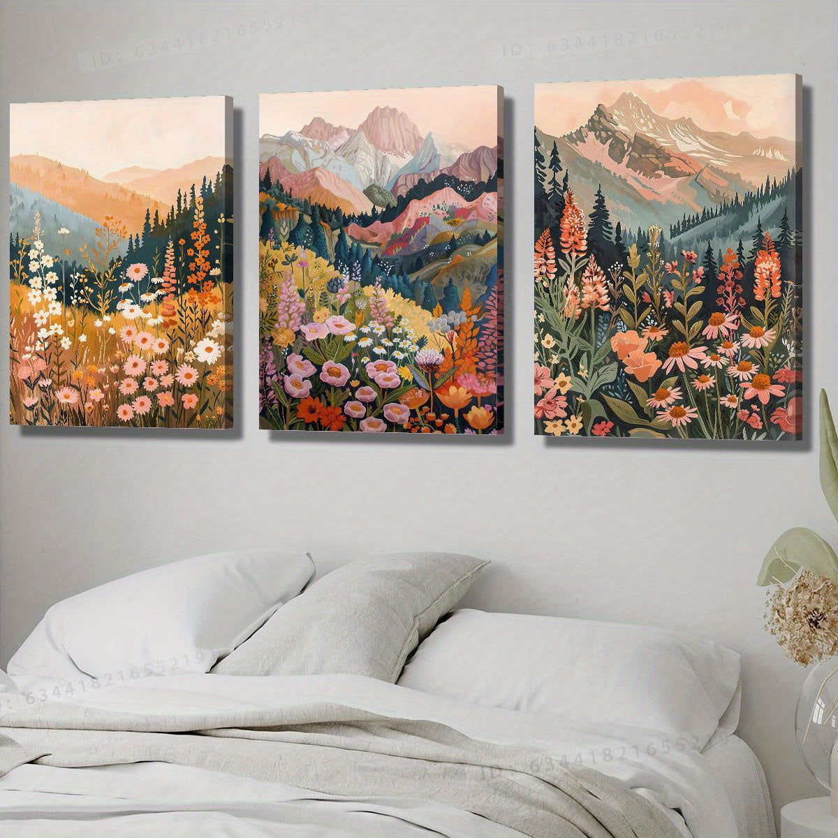 3pcs Wood Frame Canvas Print Decorative Painting, Watercolor Oil Painting Style of Colorful Flowers And Mountains, Wild Scenery, Mountain Landscape, Indoor Home Wall Decoration Art