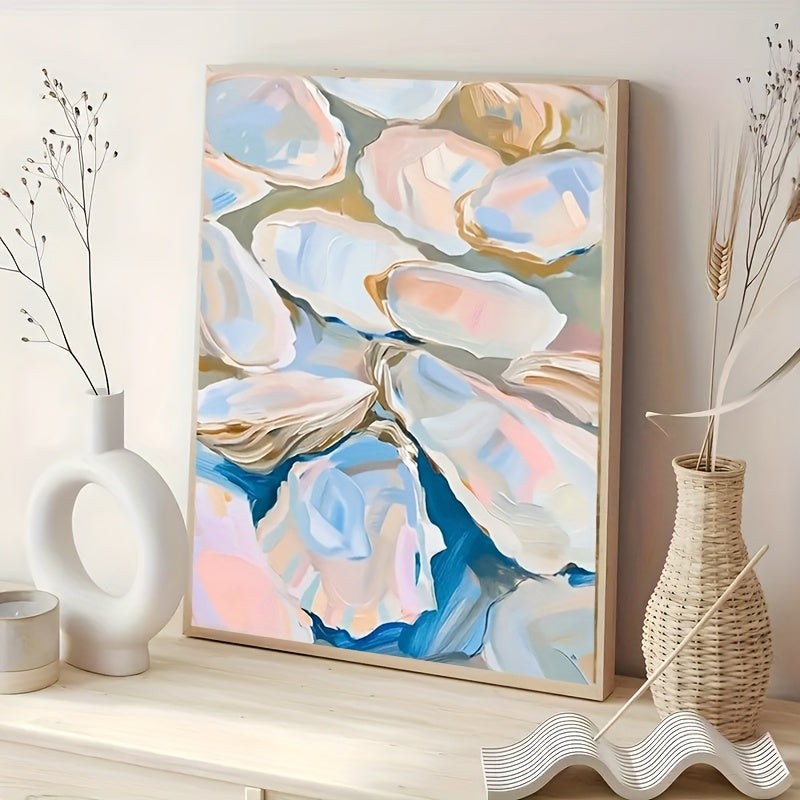 1pc Modern Oyster Shells Canvas Wall Art ¨C Mid-Century Abstract Decor with Blue, White, and Pink Textured Design for Living Room, Bedroom, Bathroom, or Office, Bedroom Artwork | Coastal Aesthetic | Vibrant Colors, Coastal Home Decor