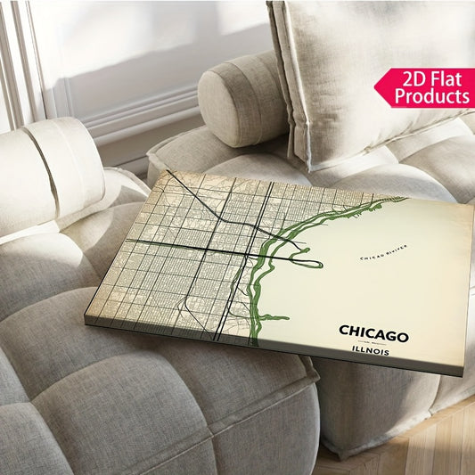 2D Flat, Vintage Chicago City Map Canvas Poster - Beige\u002FBlack\u002F Green Color Scheme - Wrapped Canvas Framed Wall Art