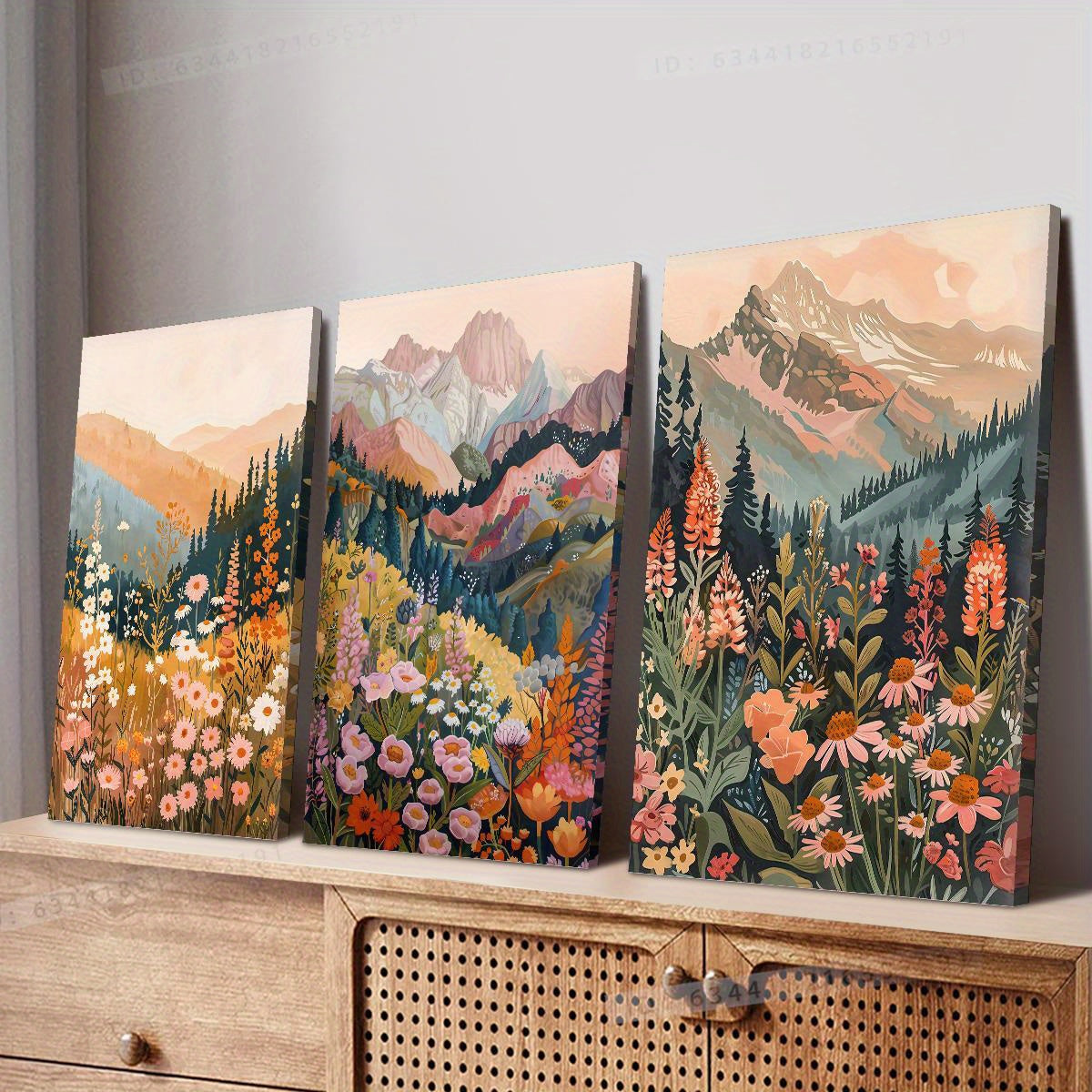 3pcs Wood Frame Canvas Print Decorative Painting, Watercolor Oil Painting Style of Colorful Flowers And Mountains, Wild Scenery, Mountain Landscape, Indoor Home Wall Decoration Art