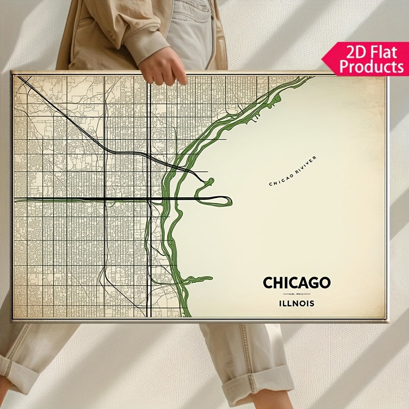 2D Flat, Vintage Chicago City Map Canvas Poster - Beige\u002FBlack\u002F Green Color Scheme - Wrapped Canvas Framed Wall Art
