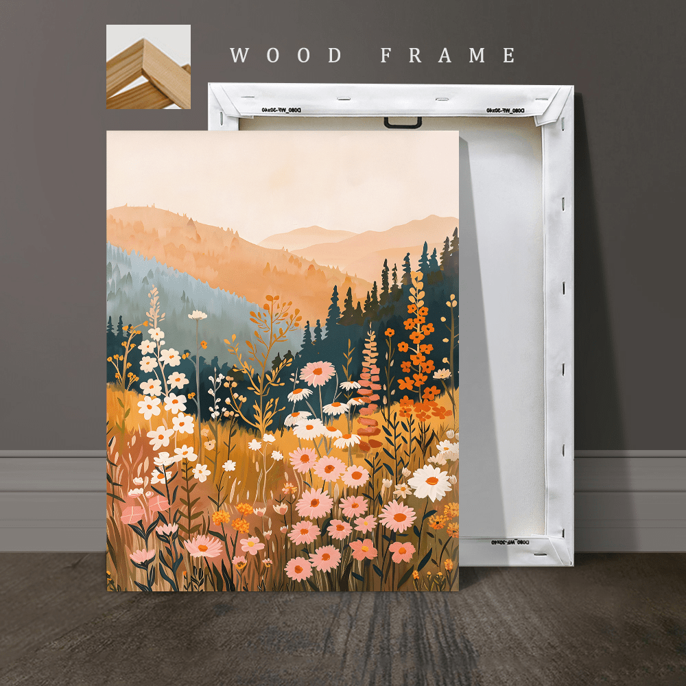 3pcs Wood Frame Canvas Print Decorative Painting, Watercolor Oil Painting Style of Colorful Flowers And Mountains, Wild Scenery, Mountain Landscape, Indoor Home Wall Decoration Art